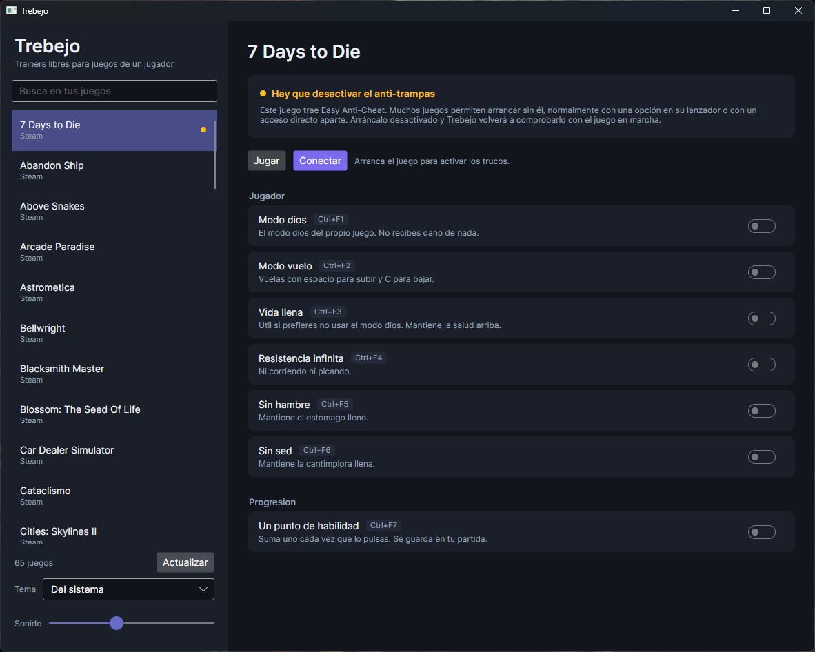 La ventana de Trebejo: a la izquierda la lista de juegos instalados, a la derecha los trucos de 7 Days to Die con sus interruptores y atajos de teclado.